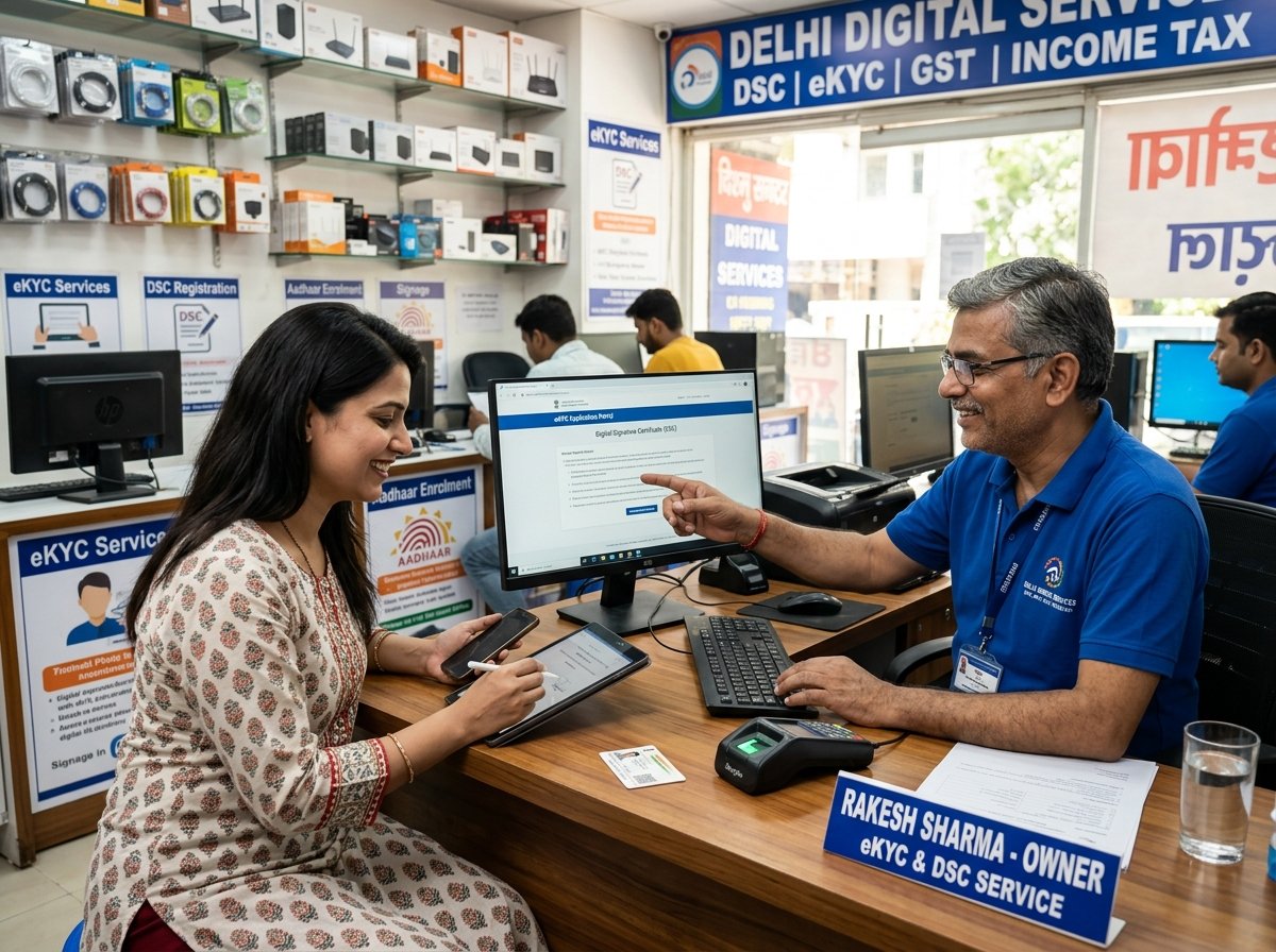 Digital Service Center CSC owner assisting client with eKYC