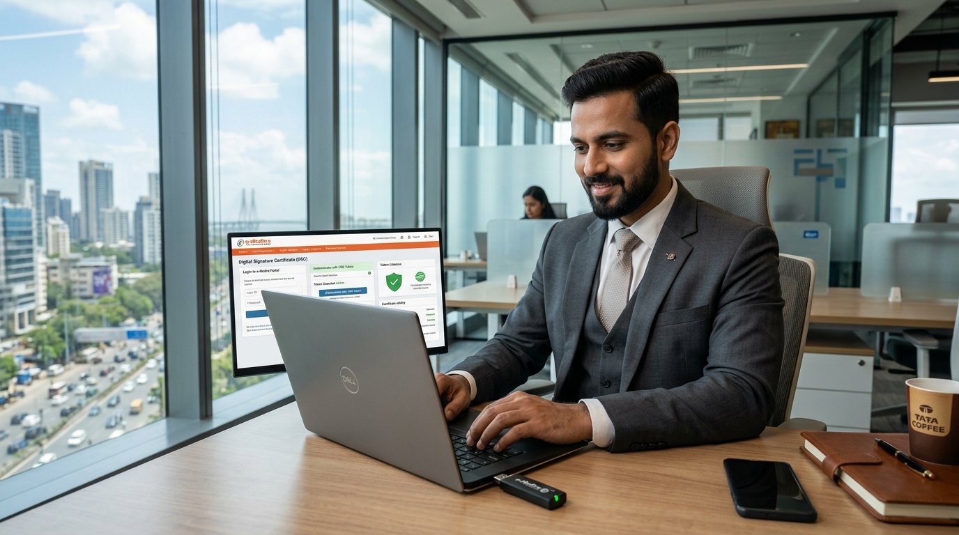 Indian professional using Digital Signature Certificate on laptop